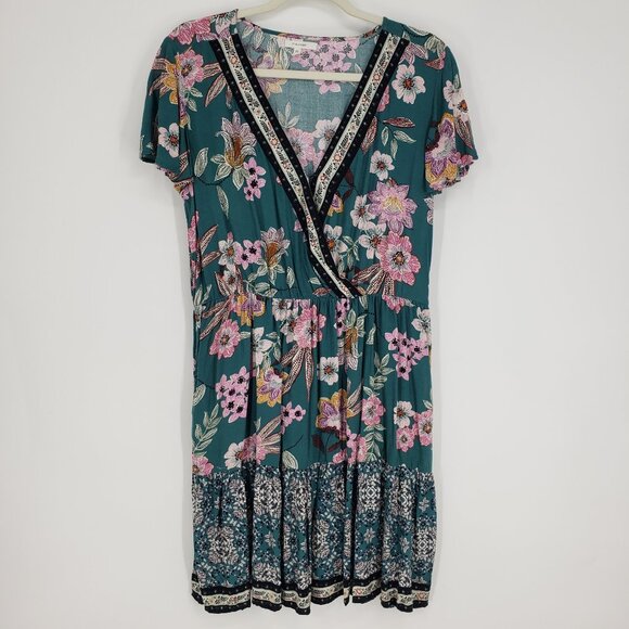 3/$25 Maurices Floral V Neck Dress M Flounce Hem Faux Wrap A Line Teal - Picture 1 of 9